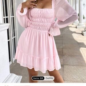 Flounce sleeved ruffle pink mini dress chiffon